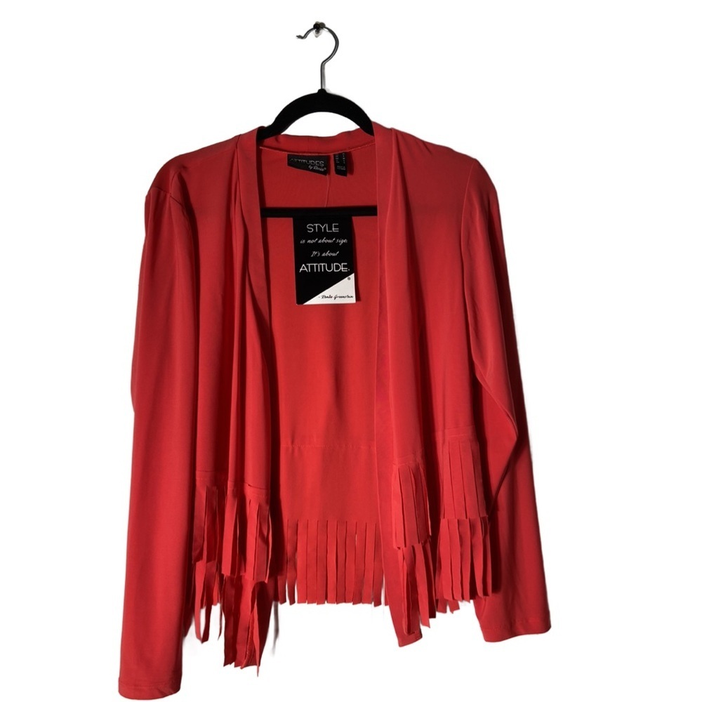 Attitudes by Renee Como Jersey Fringe Jacket Cardigan Topper Tomato Red M New - Picture 2 of 14